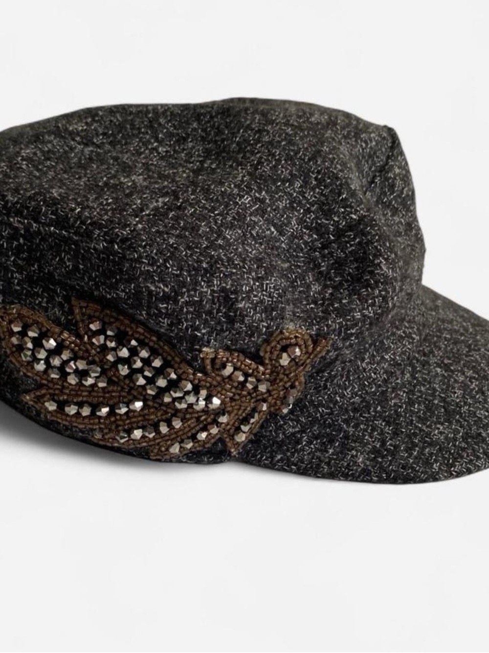 Y2K Beaded Marled Fiddler Cap Gray Baker Boy Mariner Hat